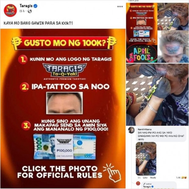 Filipino Tattooed Takoyaki Brand Logo on Forehead! Netizens Condemn Company for April Fools Day Prank