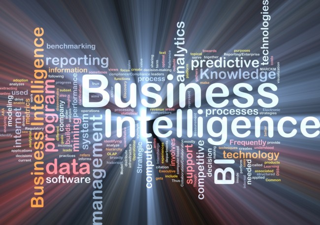 Background concept wordcloud illustration of business intelligence glowing light
