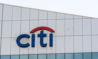 The logo CITI on the facade of a modern building. Citigroup...